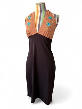 Y2K BISOU BISOU Brown Halter Neck Dress Floral Embroidery Boho Western